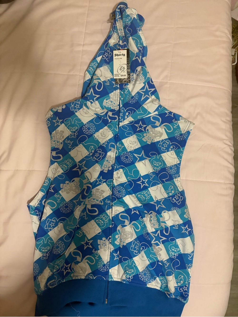 Unisex Blue Patterned Zip Hoodie Vest